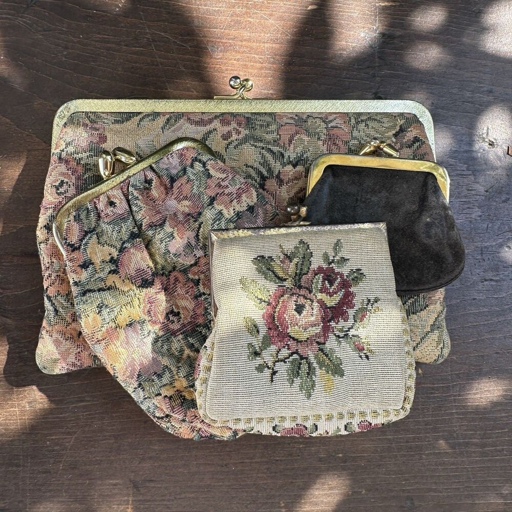 Vintage Floral Tapestry Coin Purse Lot Kiss Lock Grannycore Cottagecore Retro